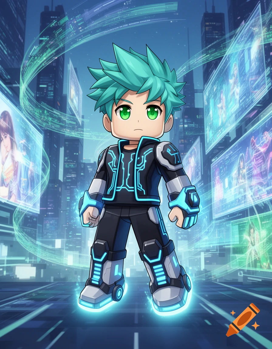 A stylized anime-style boy with green hair in glowing blue and black armor stands in a futuristic city with holographic screens.