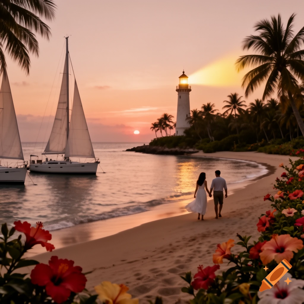 A couple walks hand-in-hand on a tropical beach at sunset, with a lighthouse, sailboats, and hibiscus flowers.