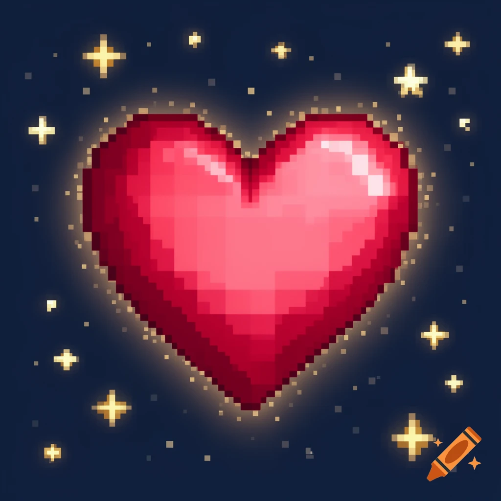 A glowing red pixel art heart with golden stars on a dark blue background.