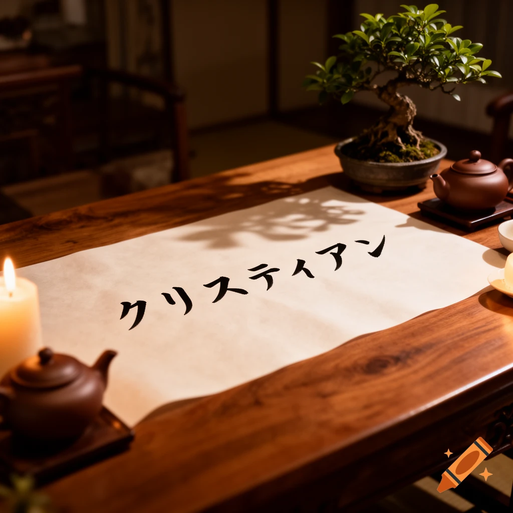 A close-up of a wooden table with a lit candle, bonsai tree, teapot, and a scroll with Japanese calligraphy 'クリスチャン'.
