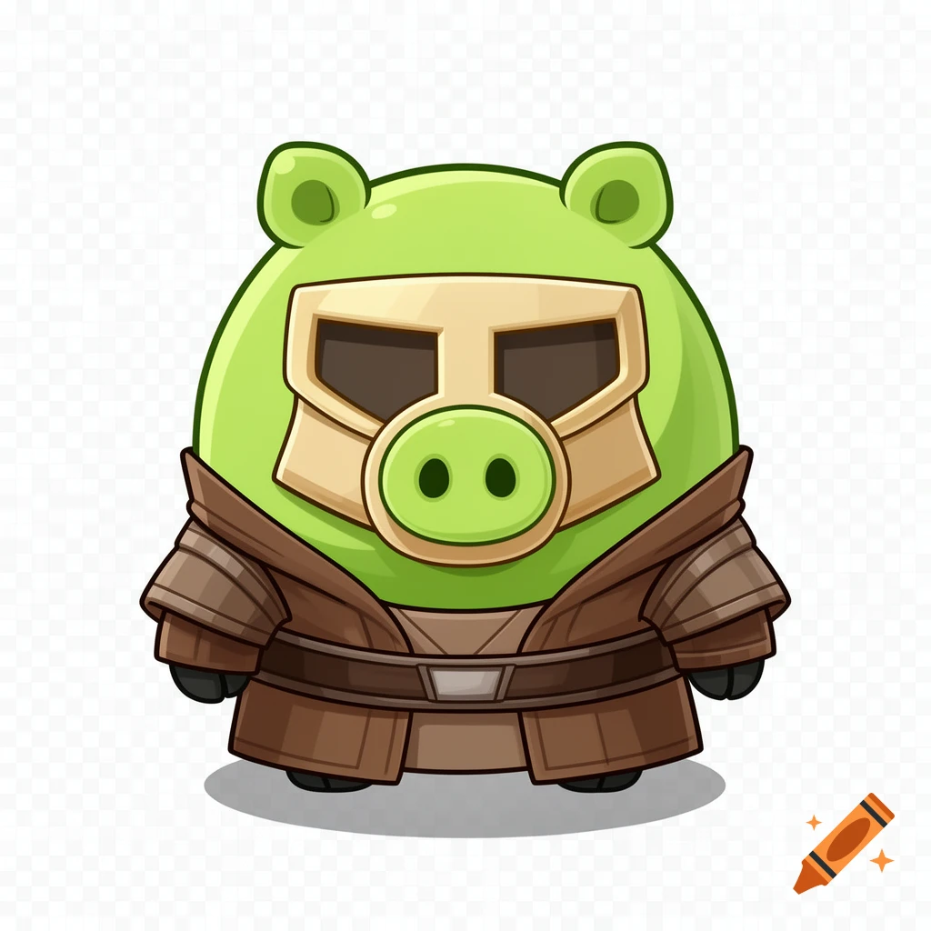 A cute cartoon lime-green Angry Birds pig in brown armored robes and a T-shaped beige and gold mask, on a transparent background.