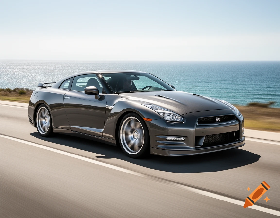 A grey Nissan GT-R sports car drives on a coastal road next to the ocean under a clear sky, photorealistic style.