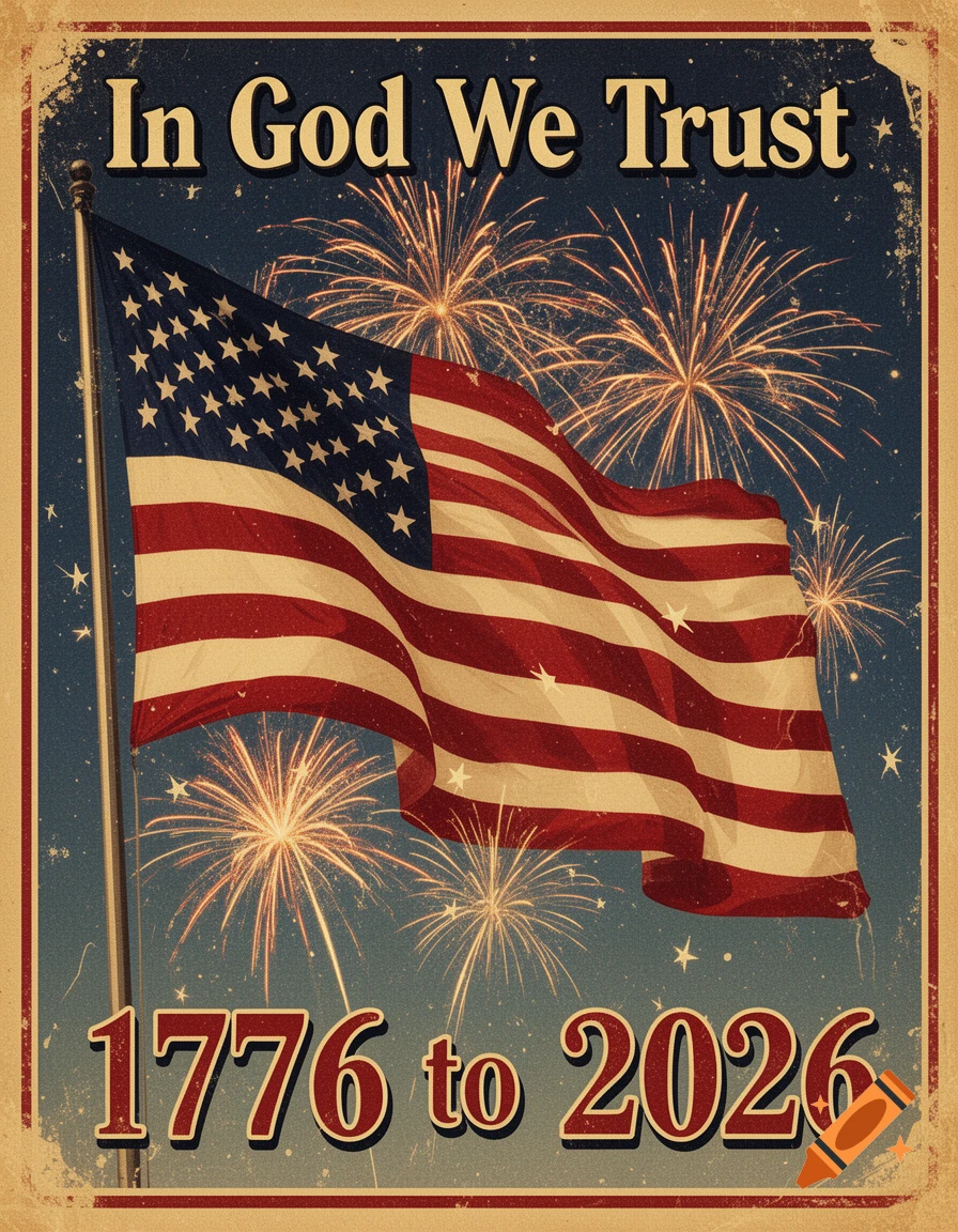 Vintage patriotic poster featuring a waving American flag, fireworks, and text 'In God We Trust' and '1776 to 2026'