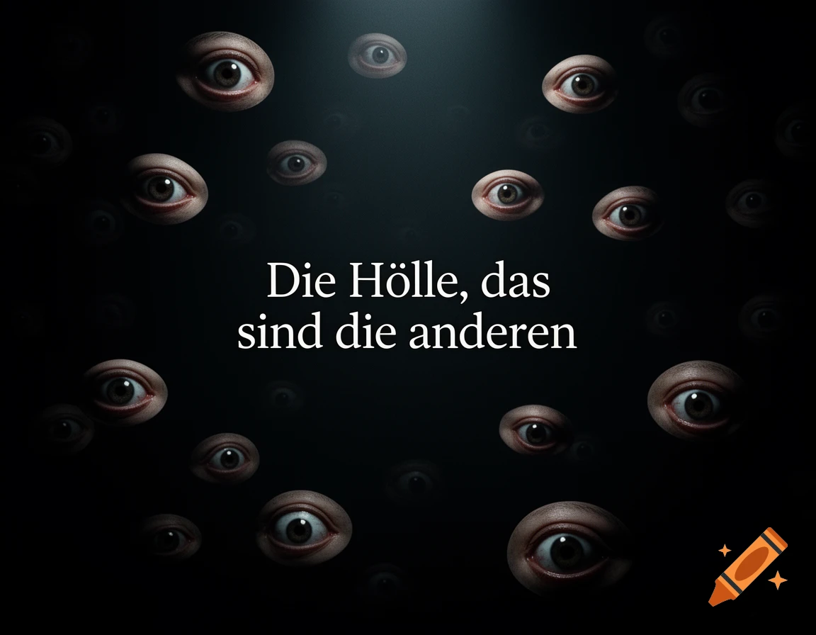 A dark, surreal image of numerous realistic human eyes floating in a black void, staring at the viewer. White text reads 'Die Hölle, das sind die anderen'.