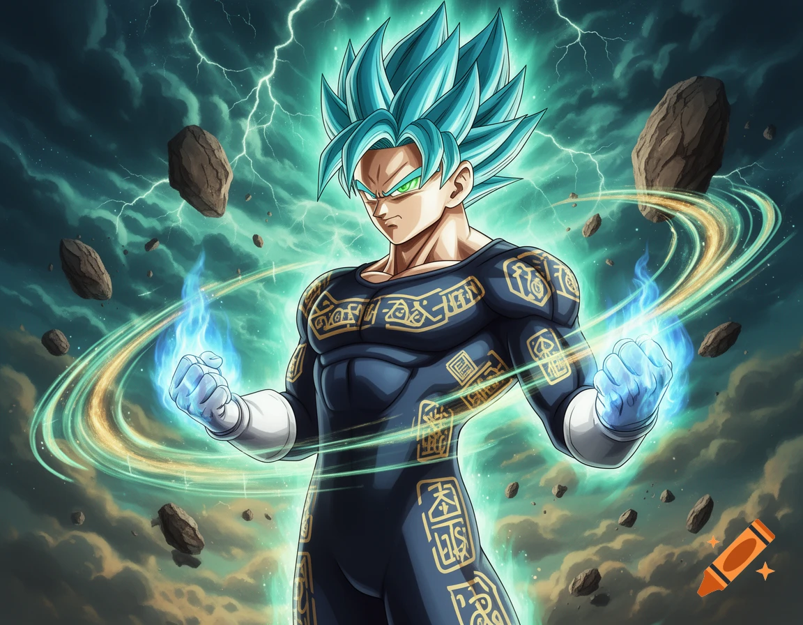 An anime character resembling Vegeta in Super Saiyan Blue form, wearing a dark blue suit with golden patterns, surrounded by lightning and floating rocks in a stormy sky.