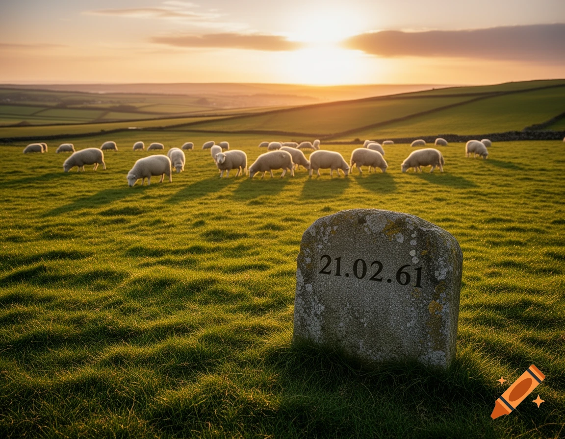 Sheep graze in a sunlit green field with a stone marked '21.02.61' in the foreground, under a sunset sky and rolling hills.