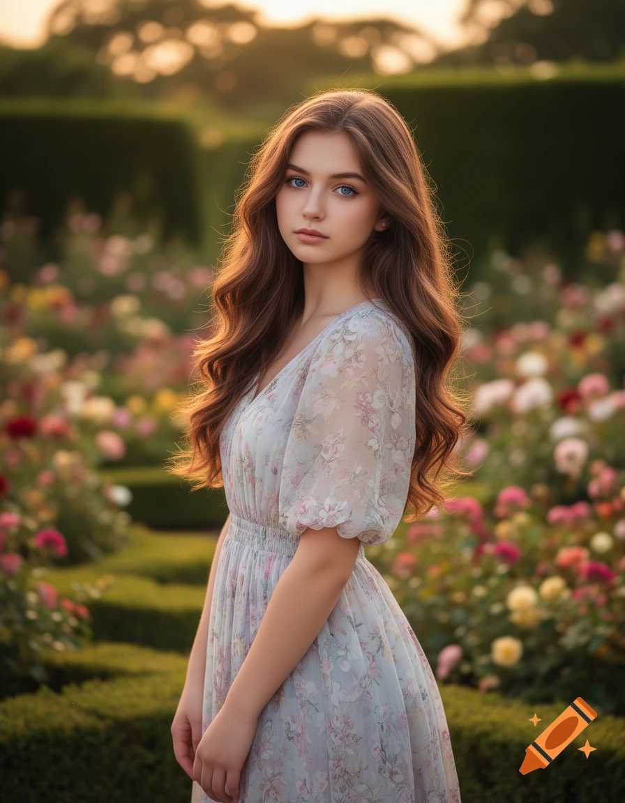 A young woman with long brown hair and blue eyes wears a floral dress in a lush garden at sunset.