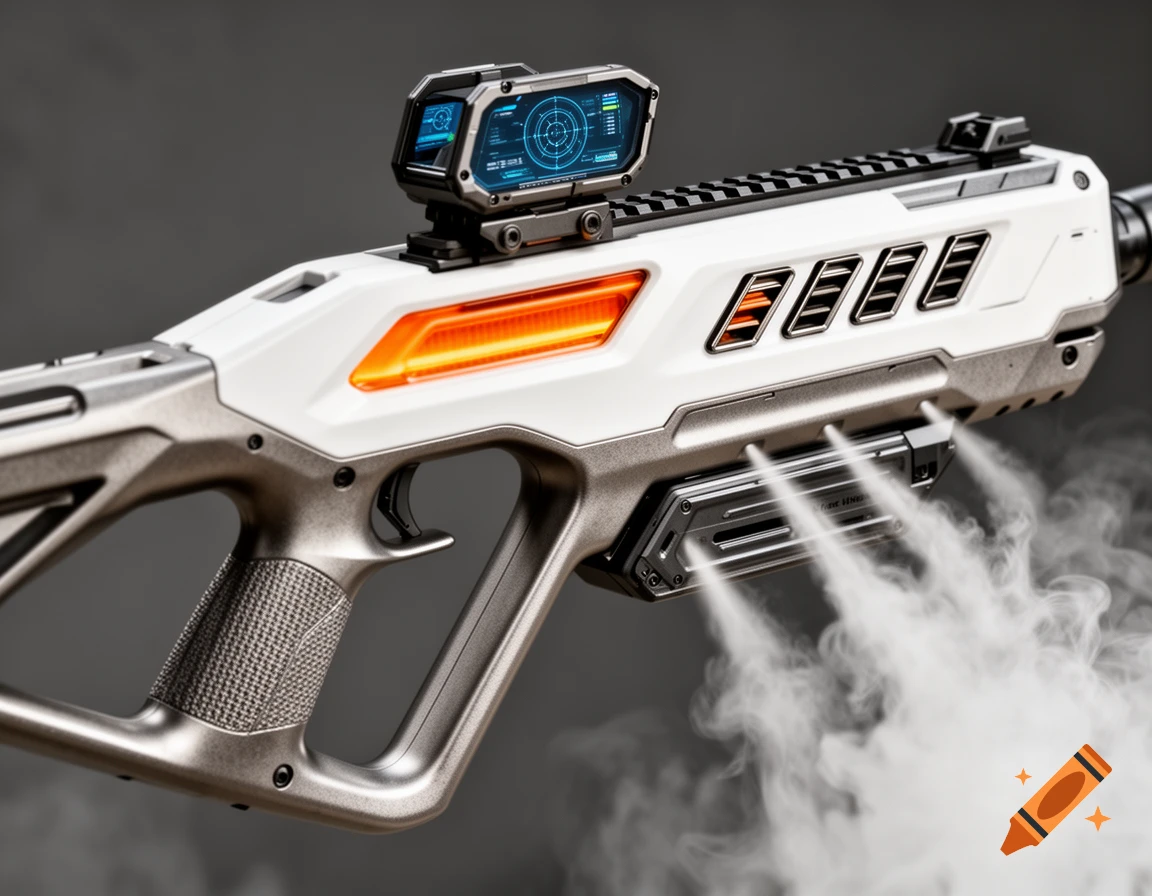 Close-up of a hyper-realistic, sleek white and matte steel grey sci-fi bullpup assault rifle with an orange thermal sink, smart-holographic sight, and venting white steam.
