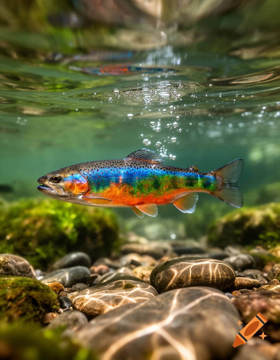 A vibrant, iridescent fish with blue, orange, and green scales swims in clear freshwater above a rocky, mossy riverbed.