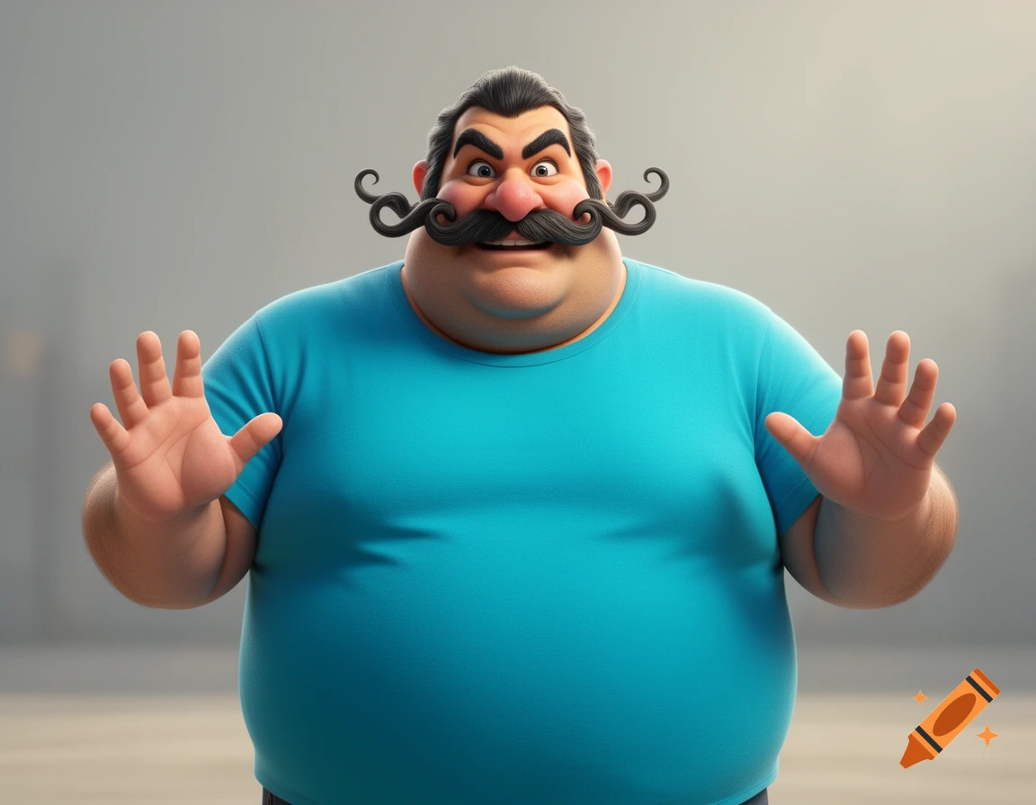 A portly, cyan-shirted cartoon man with a curly mustache and three hands raises his palms in a surprised gesture.