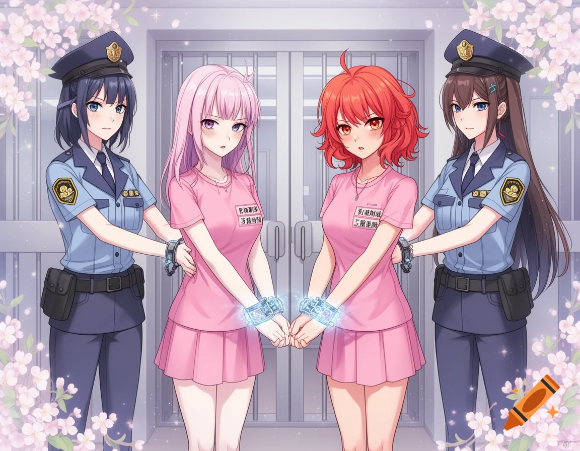 Four anime-style girls, two police officers and two inmates in pink dresses, handcuffed with glowing cuffs in a prison setting with cherry blossoms.