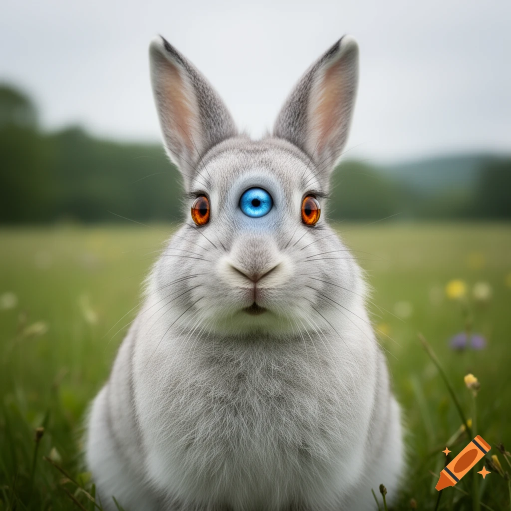 Photorealistic gray rabbit with two orange eyes and one blue eye in the center, sitting in a green field.