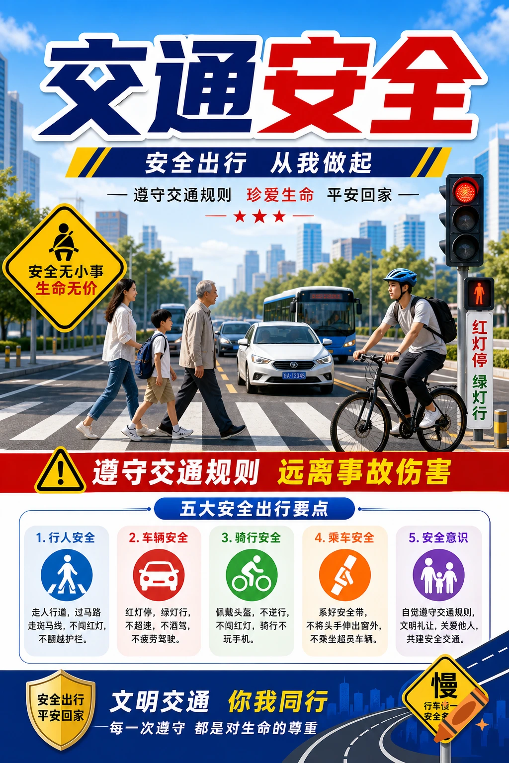 A colorful Chinese traffic safety poster showing people crossing a street, a cyclist, cars, and text about traffic rules.