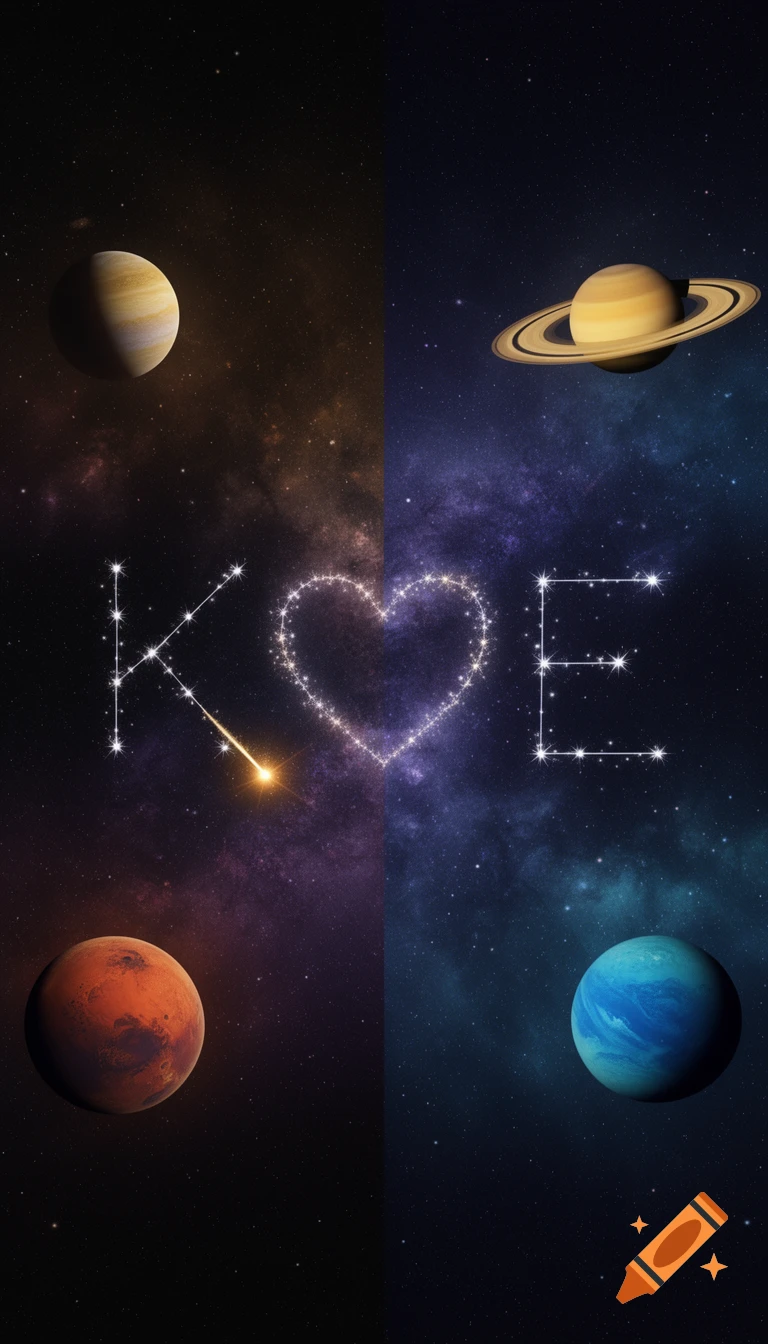 Quad-paneled space art with planets, star constellations forming 'K', a heart, and 'E', and a shooting star in colorful nebulae.