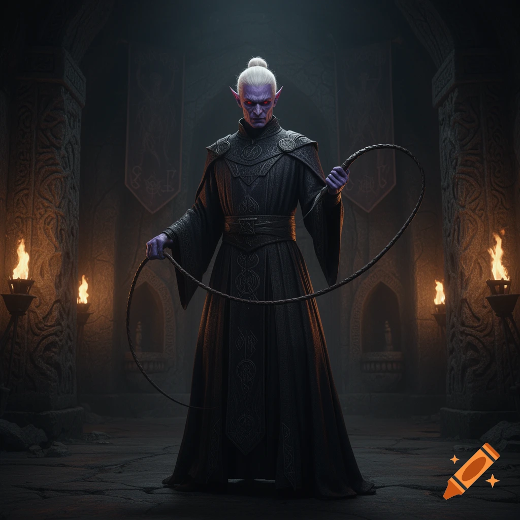 A male drow elf in dark cleric robes, with white hair tied in a bun, holding a whip in a torch-lit stone temple.