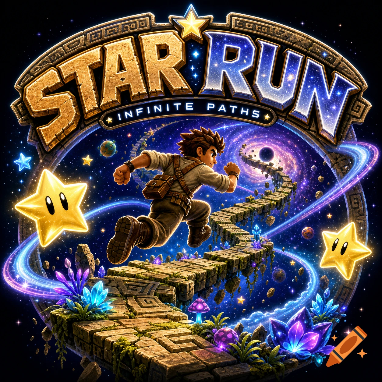 Vibrant game logo for 'STAR RUN INFINITE PATHS' with a cartoon boy running on a stone path through a starry galaxy, featuring crystals and stars.