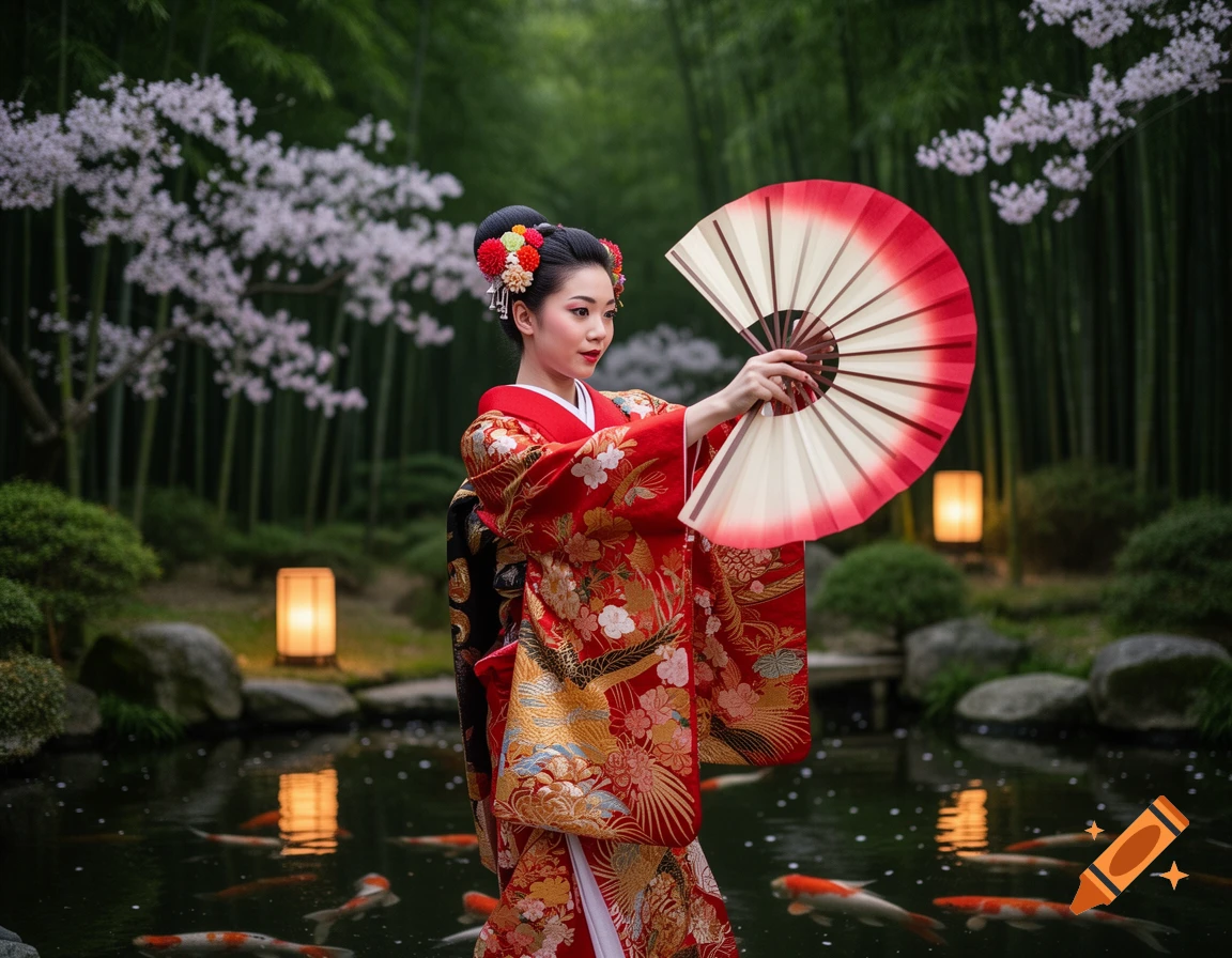 A woman in a red kimono poses with a red and white fan in a photorealistic Japanese garden with a koi pond and bamboo.