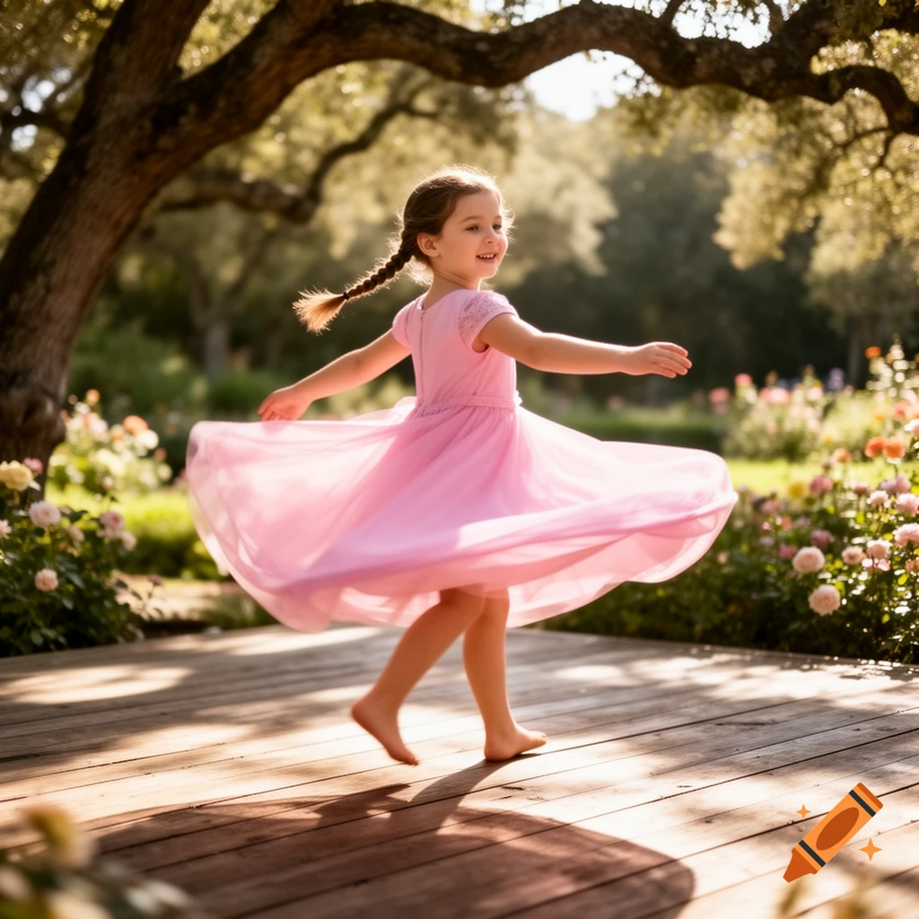 A young girl in a pink dress twirls barefoot on a wooden deck in a sunny garden.