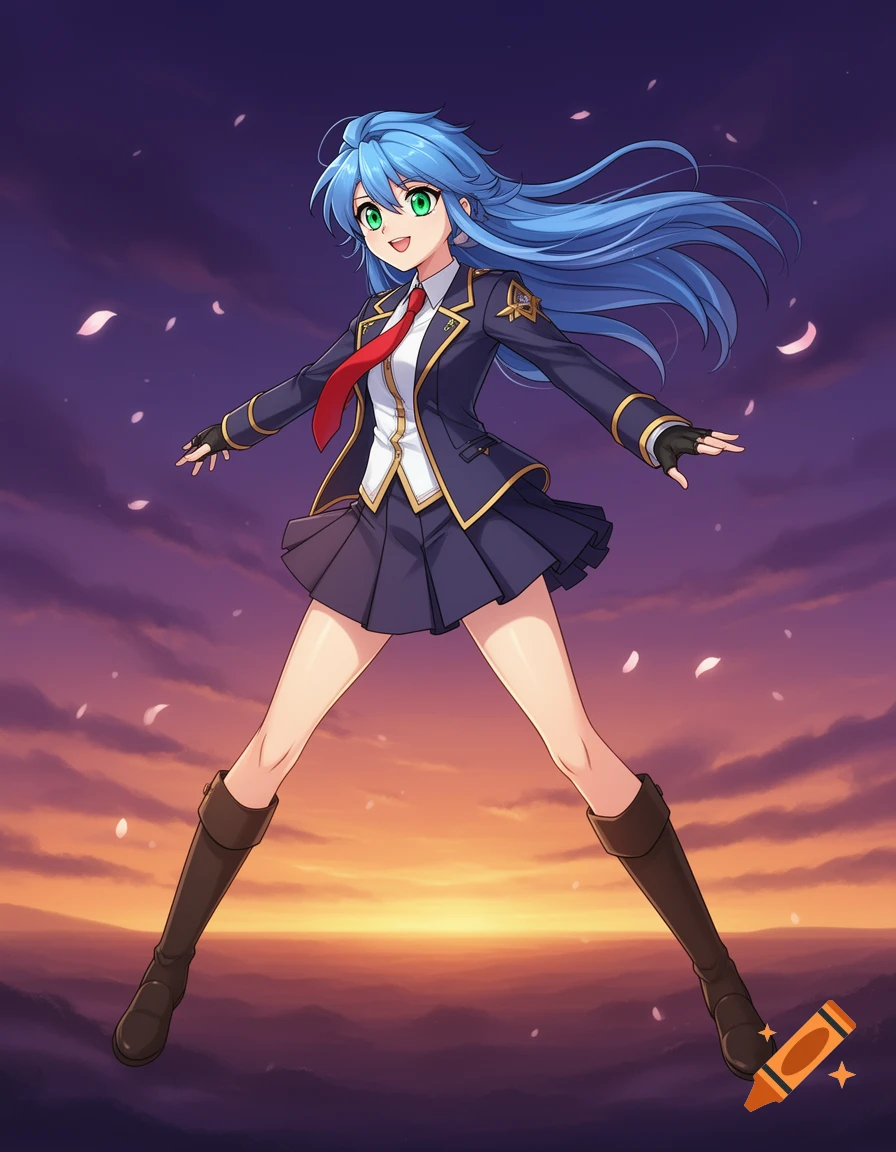Smiling anime girl with blue hair in a school uniform and boots, arms outstretched, against a purple and orange sunset sky with falling petals.