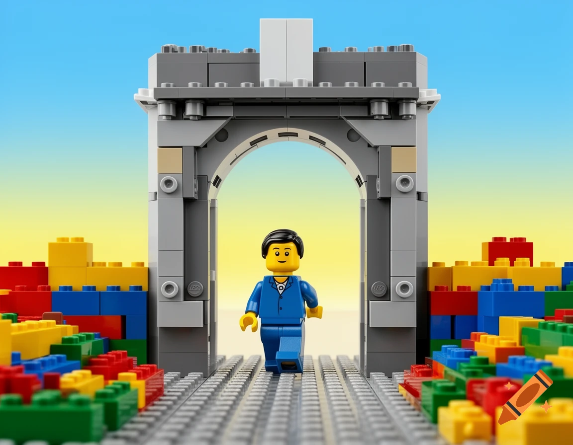 A Lego minifigure in a blue suit walks through a gray archway, surrounded by colorful Lego bricks, under a blue and yellow sky.