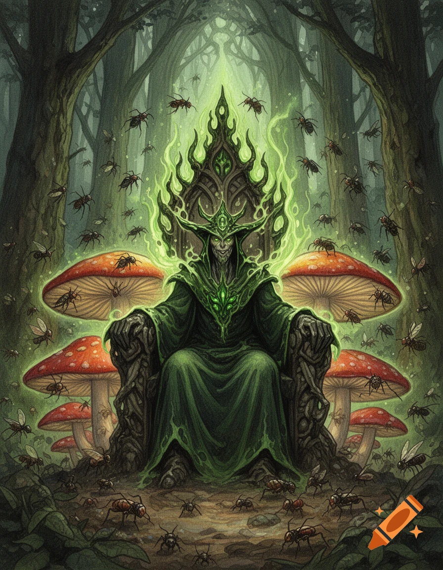 A hand-painted fantasy illustration of the green-robed Pest King on a mushroom throne, surrounded by insects in a dark forest.