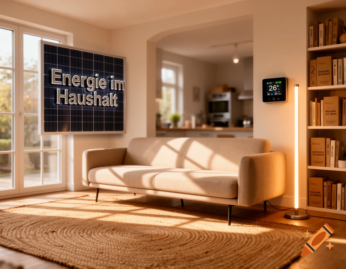 A modern living room with a beige sofa, jute rug, and a wall display showing "Energie im Haushalt" (Energy in the Household). A smart thermostat and bookshelf are also visible.