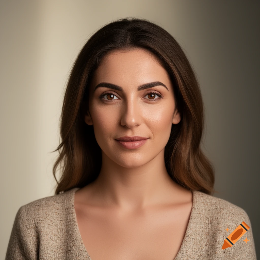 A photorealistic headshot of a young woman with long brown hair, looking directly at the viewer with a neutral expression.