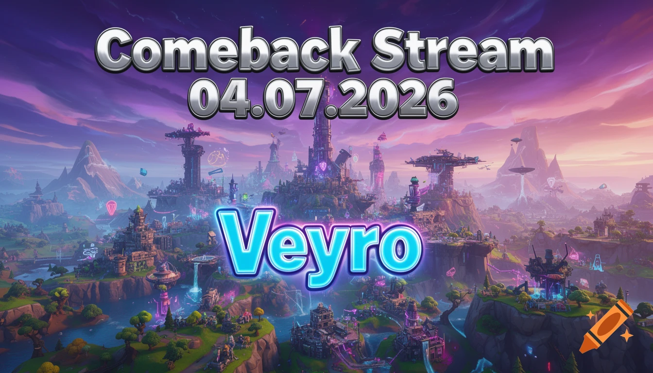 Fortnite-style futuristic city at sunset with purple skies, rivers, and glowing buildings. Text reads 'Comeback Stream 04.07.2026' and 'Veyro'.