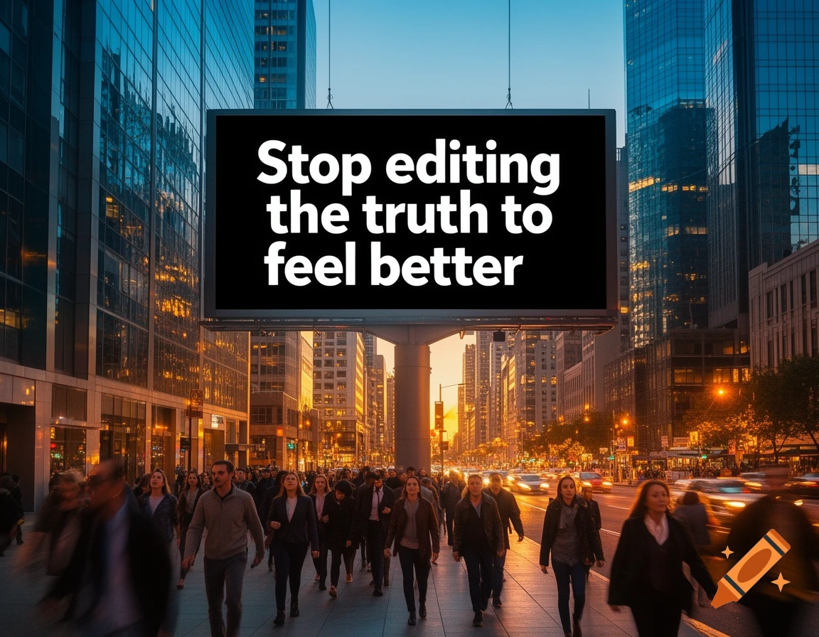 A busy city street at dusk with a large billboard displaying 'Stop editing the truth to feel better' above a crowd of pedestrians and blurred cars.