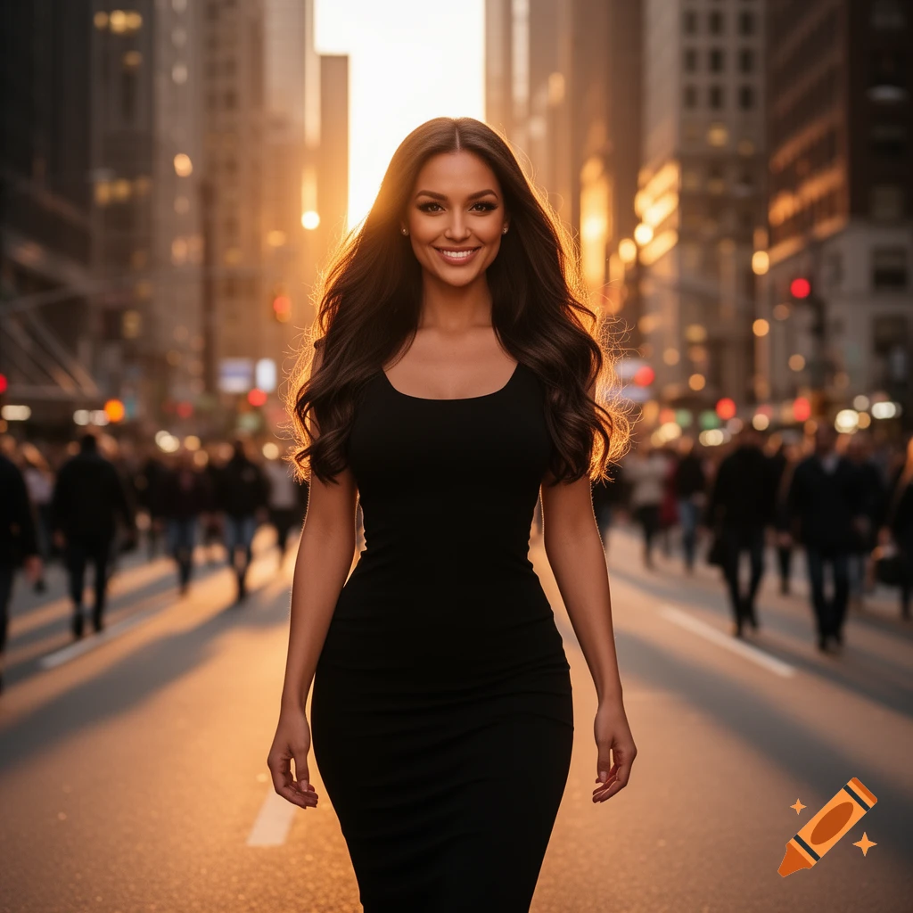 Smiling woman with long dark hair walking down a city street at sunset, wearing a black dress. Photorealistic style.