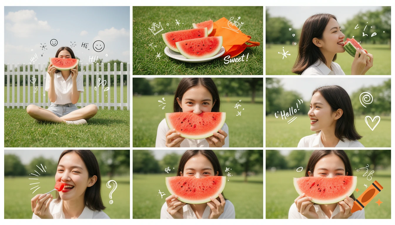 A 3x3 photo collage of a young woman enjoying watermelon in a sunny park with doodles, in a cheerful summer lifestyle theme.