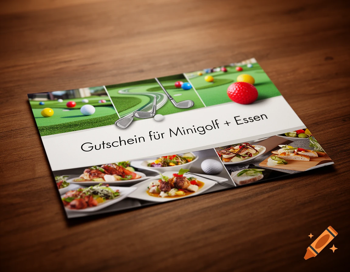 A gift voucher featuring minigolf scenes and various plates of gourmet food, resting on a wooden table.