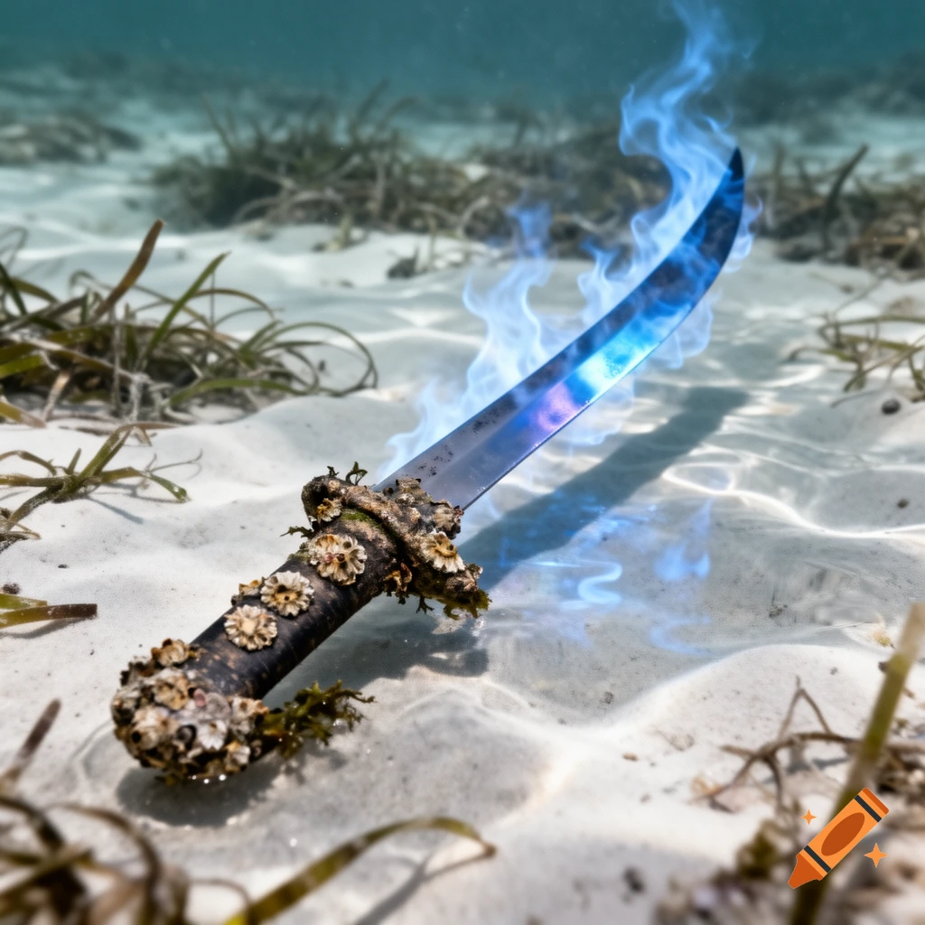 A barnacle-covered cutlass glows with blue fire on a sandy seafloor with seagrass, partially submerged in clear water.
