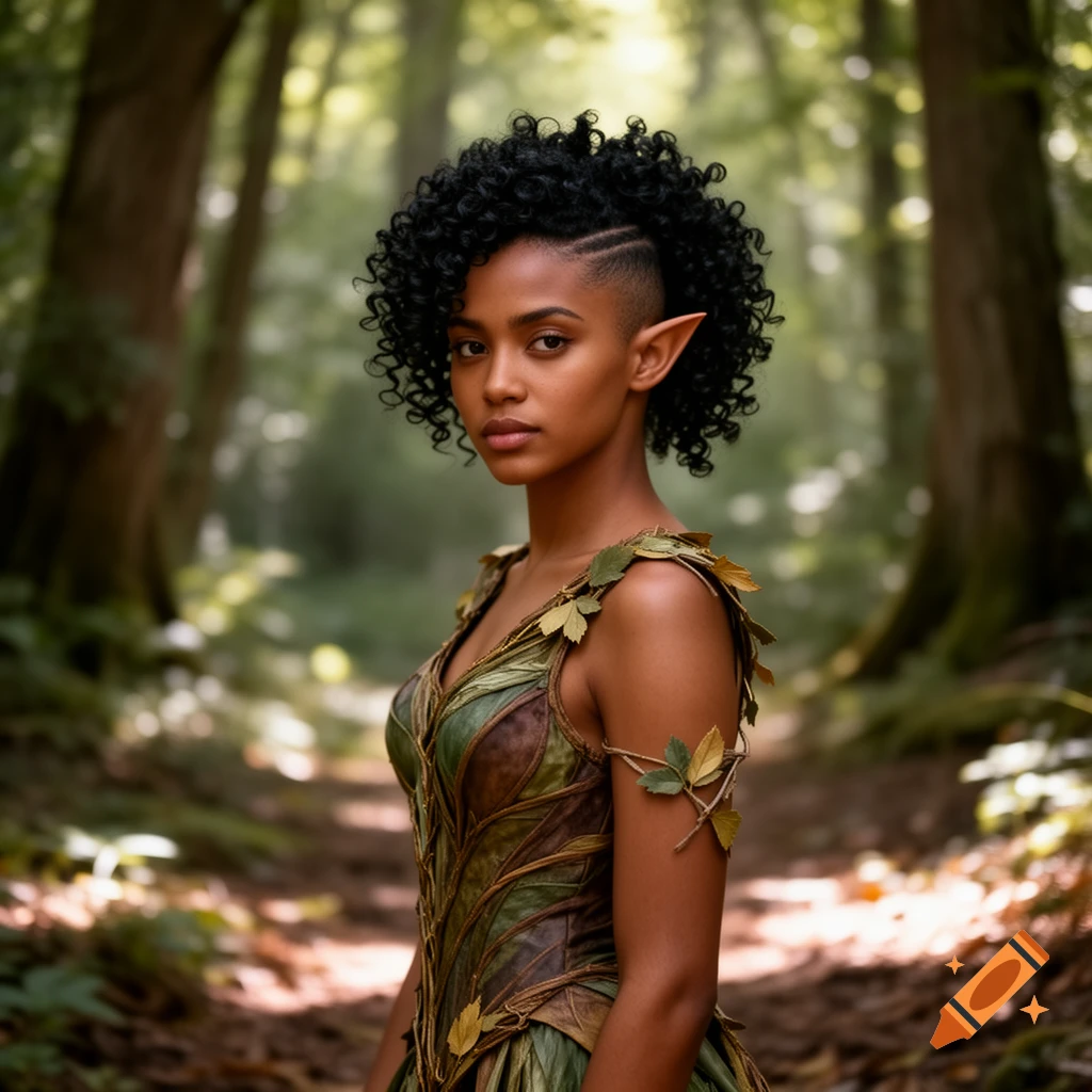 Photorealistic portrait of a woodland elf with brown skin, black curly hair, and pointed ears, wearing a leafy dress in a forest.