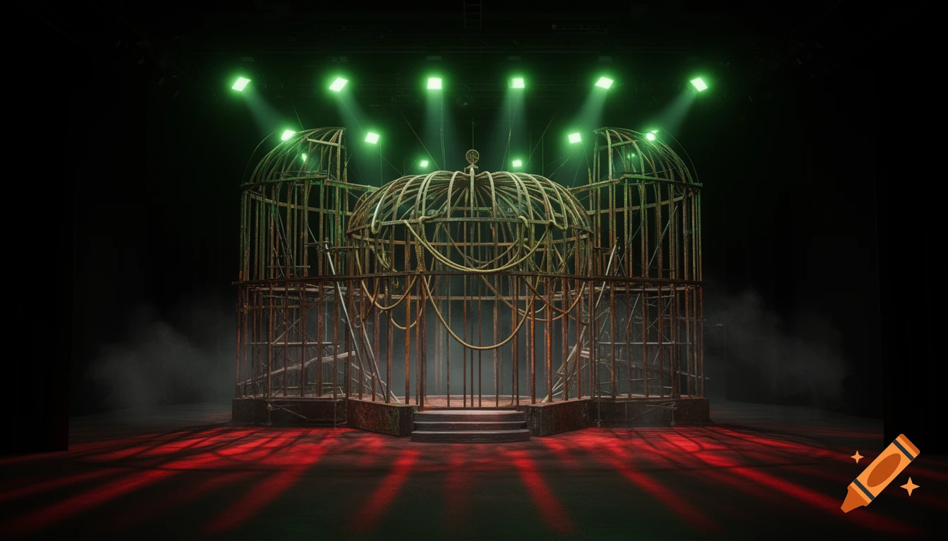 A 3D rendering of a dark theatrical stage with a complex, rusted industrial cage structure, green spotlights, red floor lights, and smoke.