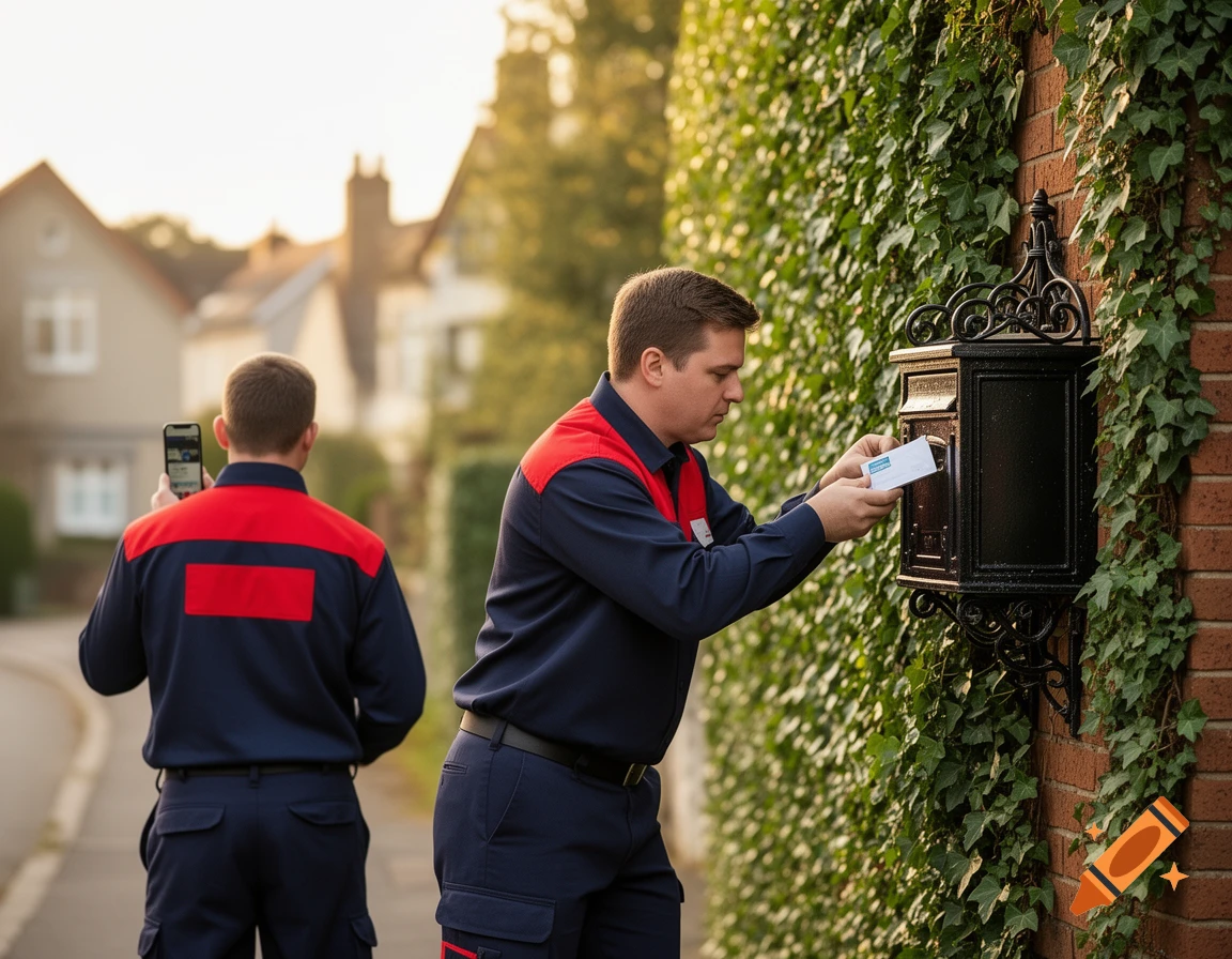 Two postmen in navy and red uniforms, one placing mail in a black mailbox on a brick wall, the other holding a phone on a street.