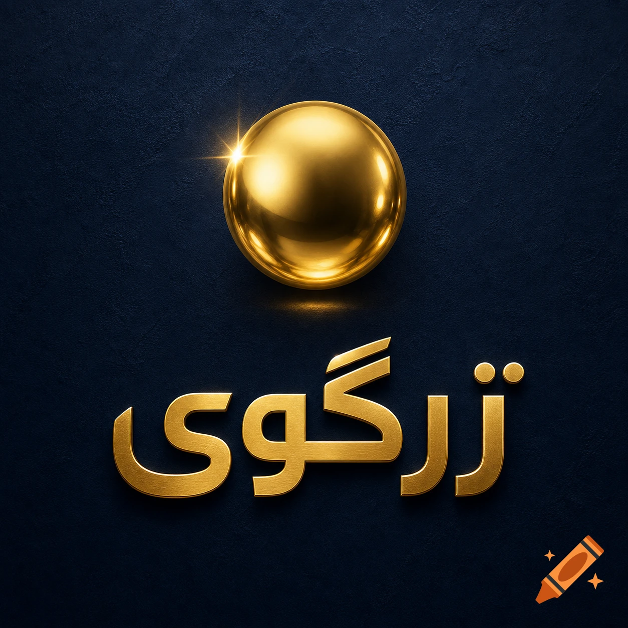 A shiny golden sphere with a bright highlight floats above the golden Arabic text 'زرگوی' (Zargui) on a dark blue textured background.