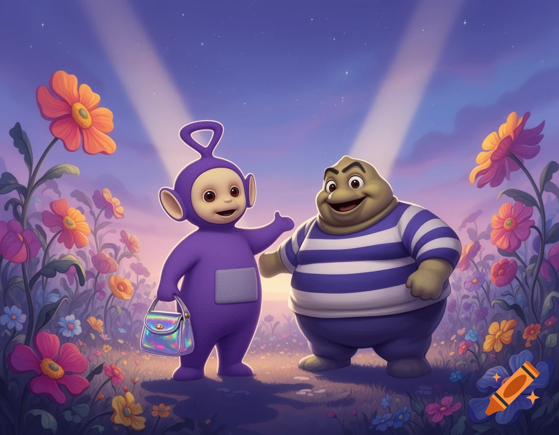 A purple Teletubby holds a shiny purse and stands next to a green, striped Grimace-like character in a vibrant field of flowers under a purple sky.