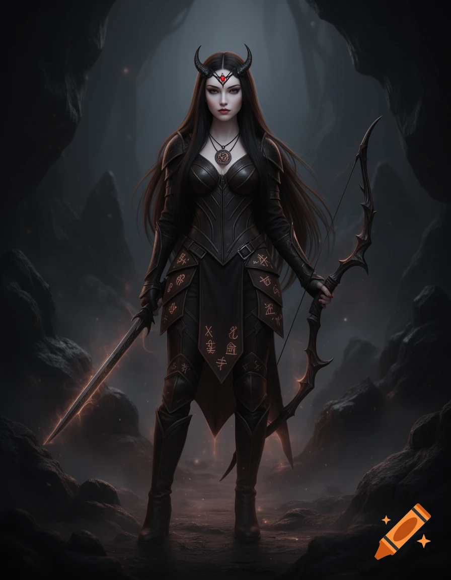 A dark demon princess with pale skin, long black hair, and small horns, dressed in dark leather armor, holding a sword and a bow in a shadowy cave.