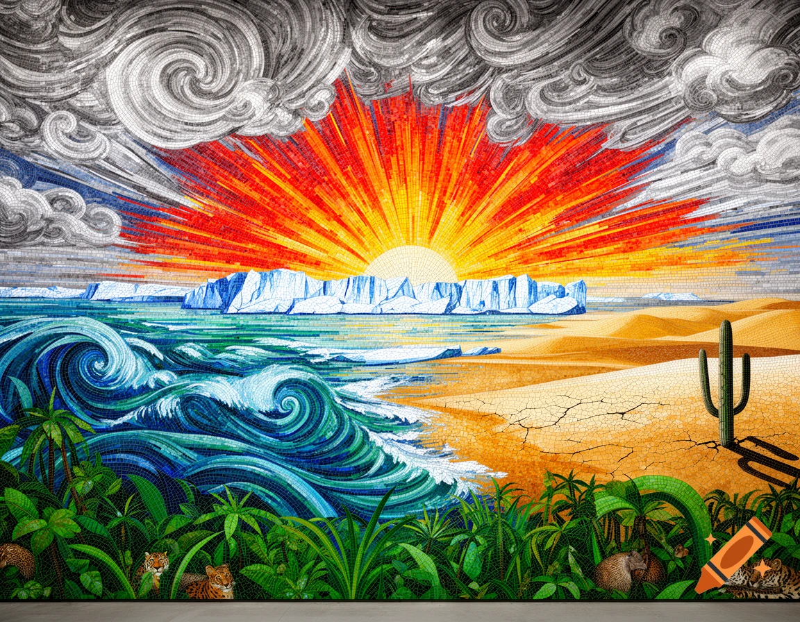 Vibrant mosaic fresco showing diverse ecosystems impacted by climate change: stormy skies, melting icebergs, turbulent ocean, dry desert with a cactus, and lush jungle with leopards.