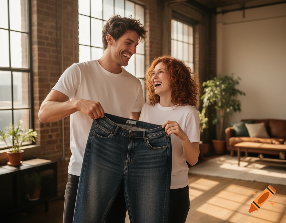 A smiling man and woman in white t-shirts hold up a pair of blue jeans in a sunlit loft apartment with brick walls.