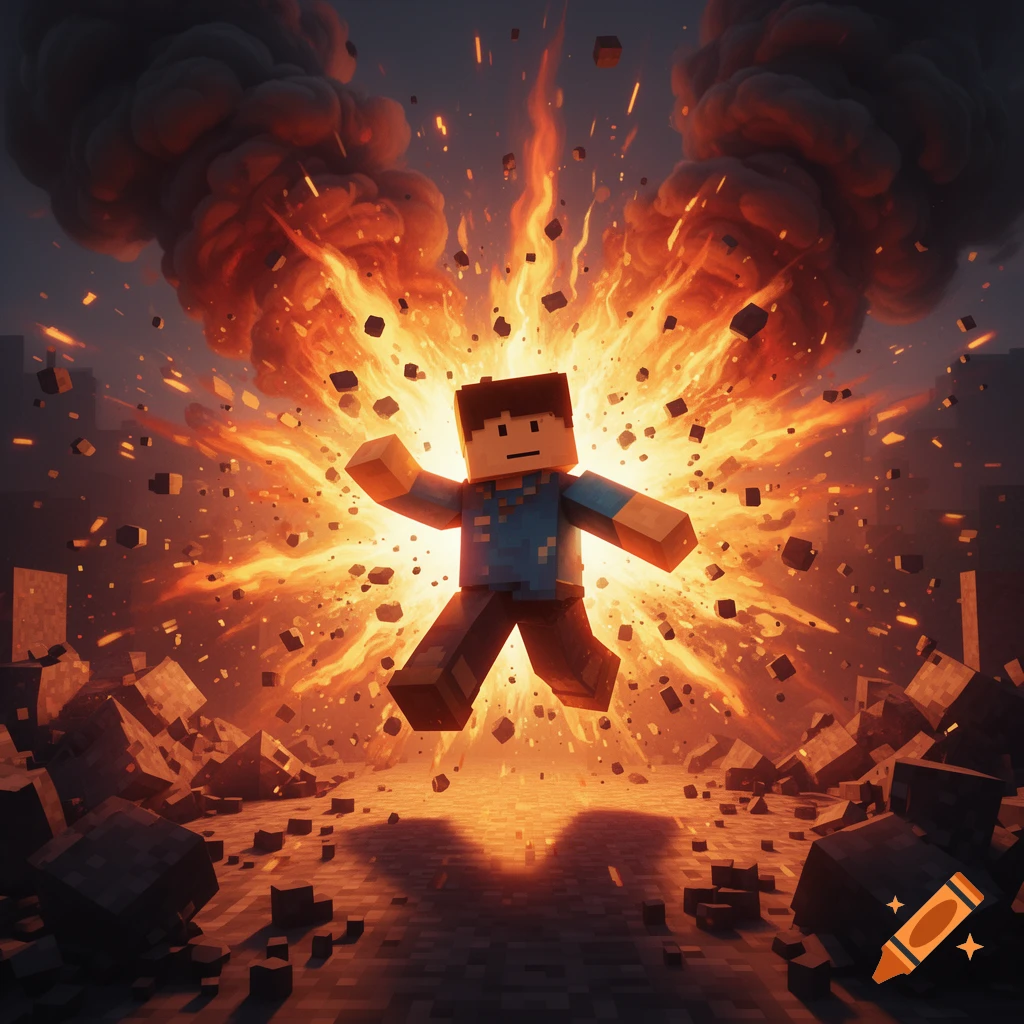 A Minecraft-style character floats in a huge, fiery explosion with smoke and debris against a blocky cityscape.