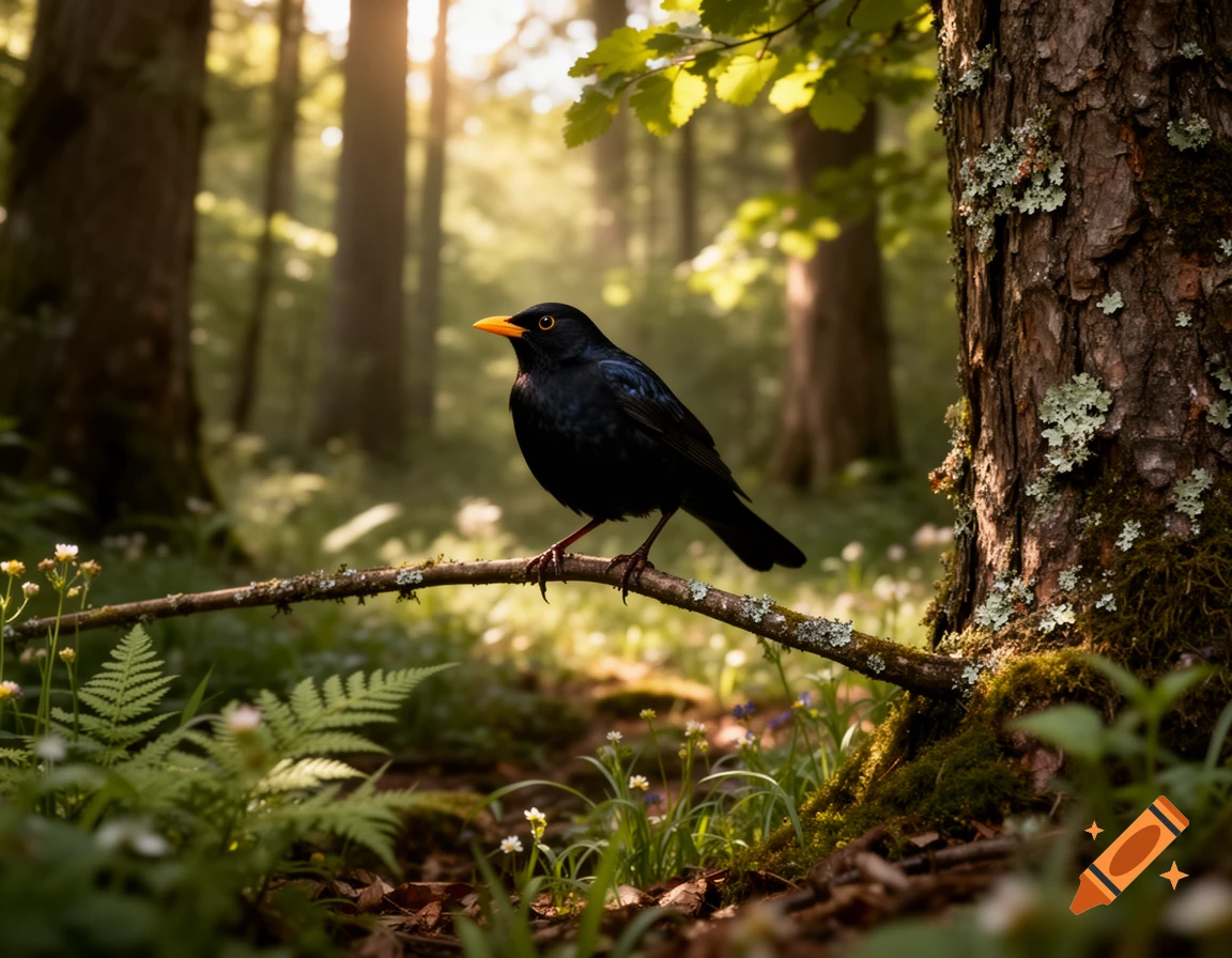 A blackbird with an orange beak perches on a mossy branch in a sunlit, green forest.