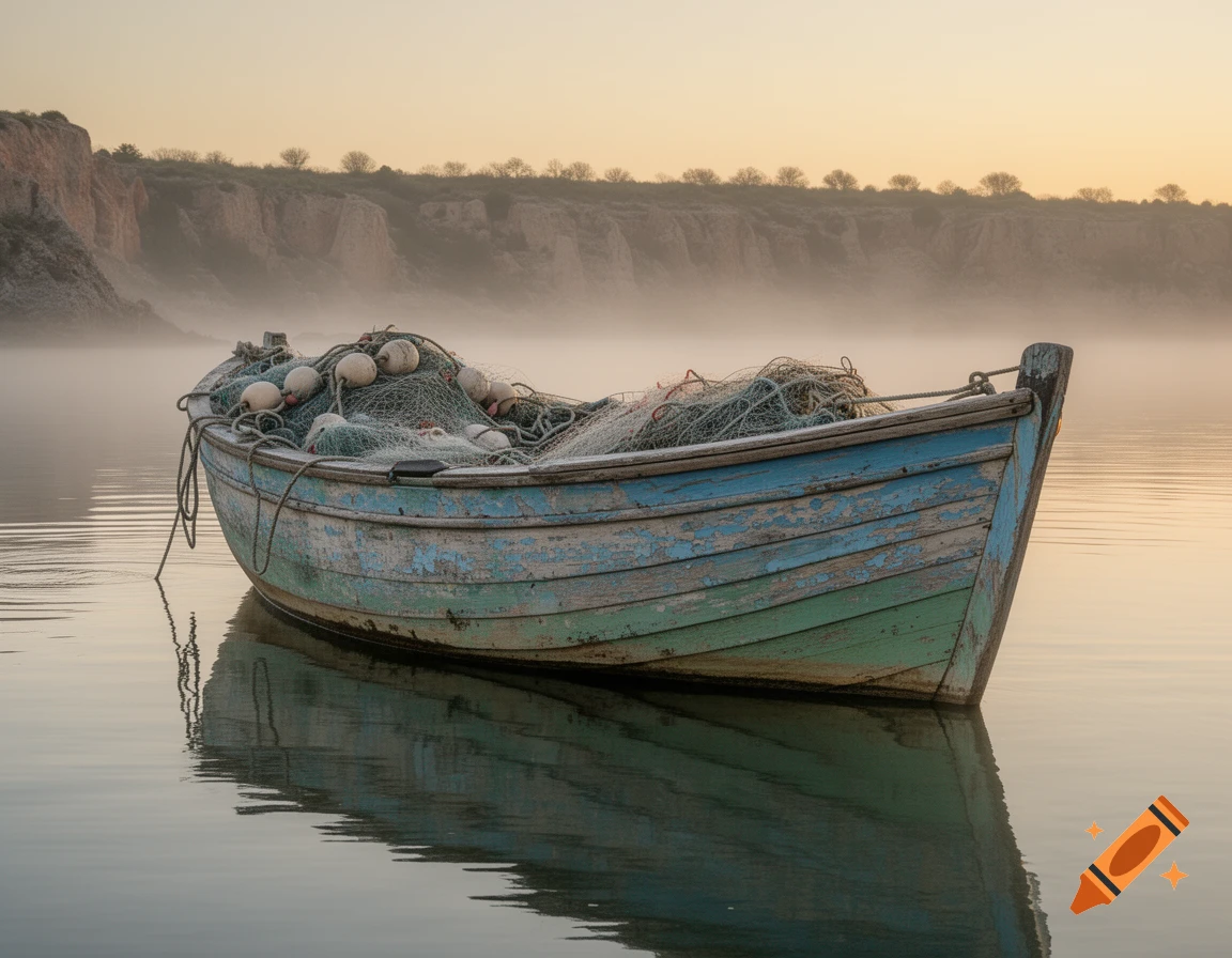 A rustic fishing boat with nets sits in calm, misty water at dawn, with a hilly landscape in the background.