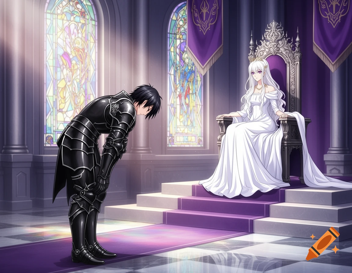 An anime knight in black armor bows before a white-haired queen on a throne in a royal hall.