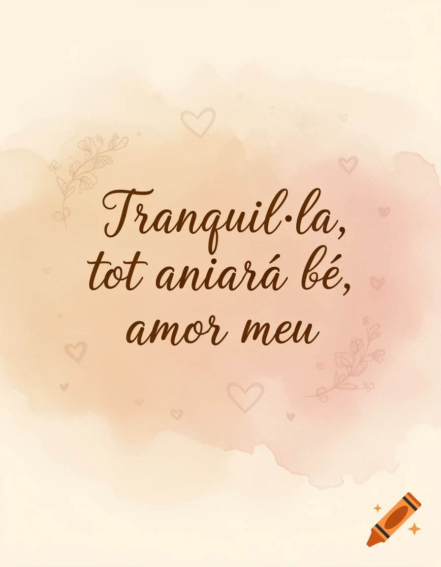 Elegant handwritten Catalan text "Tranquil·la, tot anirà bé, amor meu" on a soft pastel watercolor background with hearts and floral accents.
