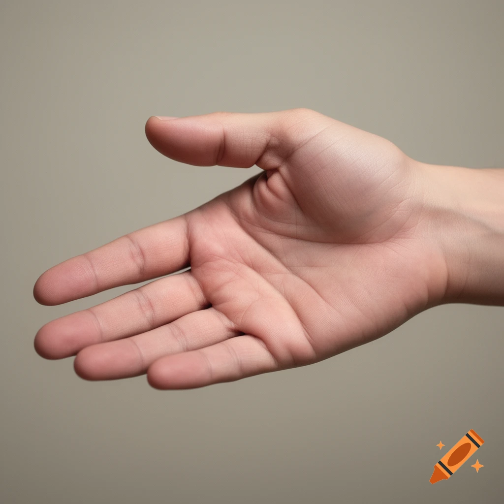 A close-up, photorealistic image of an open human hand with the palm down, extending horizontally against a plain background.
