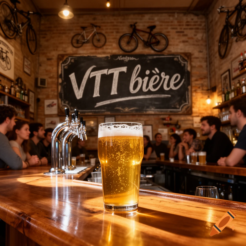 A pint of beer on a wooden bar counter in a lively pub with people socializing in the background, bikes on the brick wall, and a sign reading 'VTT bière'.