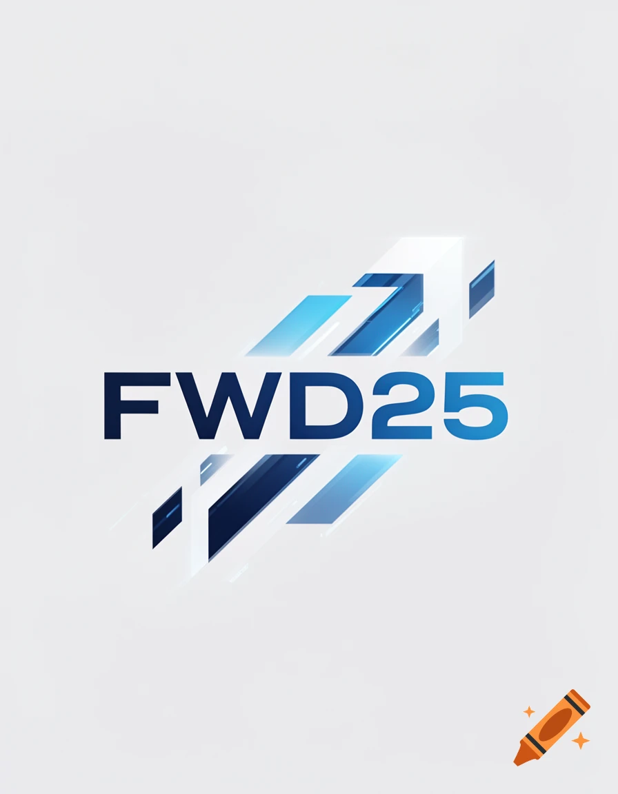 Dark blue and light blue FWD25 text with an abstract geometric arrow design pointing upwards on a white background.