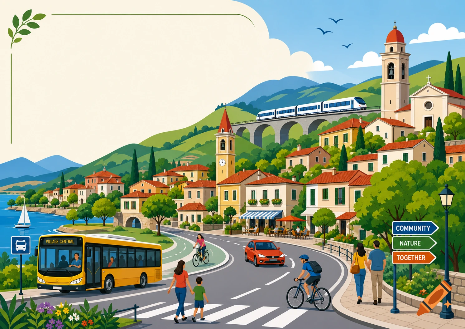 A vibrant vector illustration of a bustling town scene with a yellow bus, cars, cyclists, pedestrians, and a train on an elevated track, set against red-roofed buildings, green hills, and a lake.
